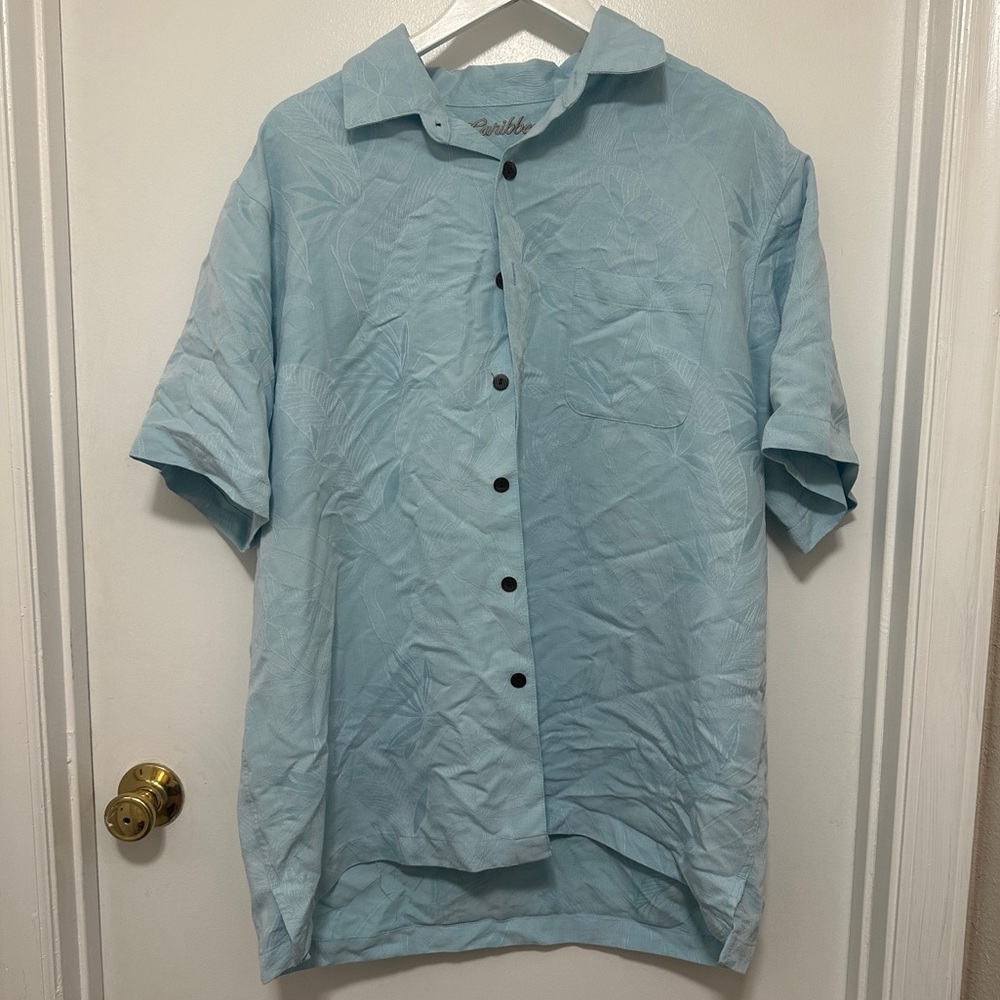 Caribbean Shirt Short Sleeve Blue Button Down Collar Shirt Size XL